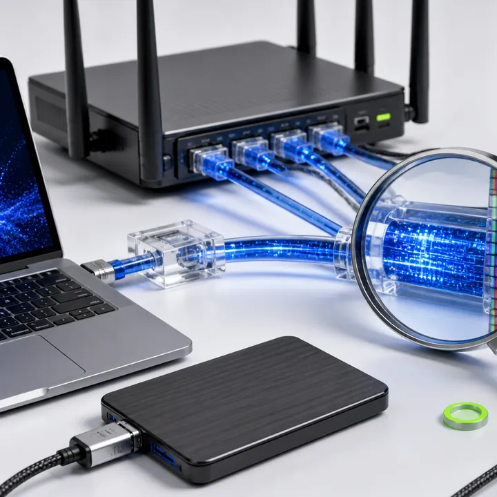 Router, computers, storage, ports, and display connected by illuminated data paths
