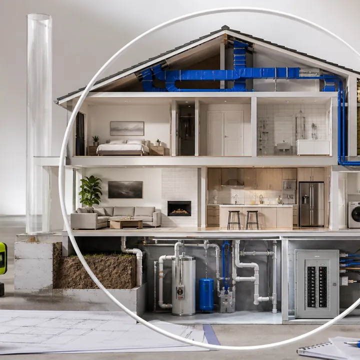 Cutaway house model revealing connected airflow, water, power, appliances, and building materials