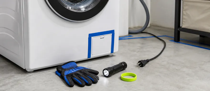 Washer with unplugged power cord, drain hose, external access panel, gloves, and flashlight