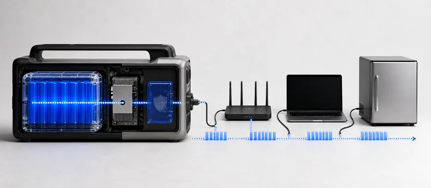 Portable battery cutaway showing stored energy, conversion loss, reserve, cycling loads, and a runtime path