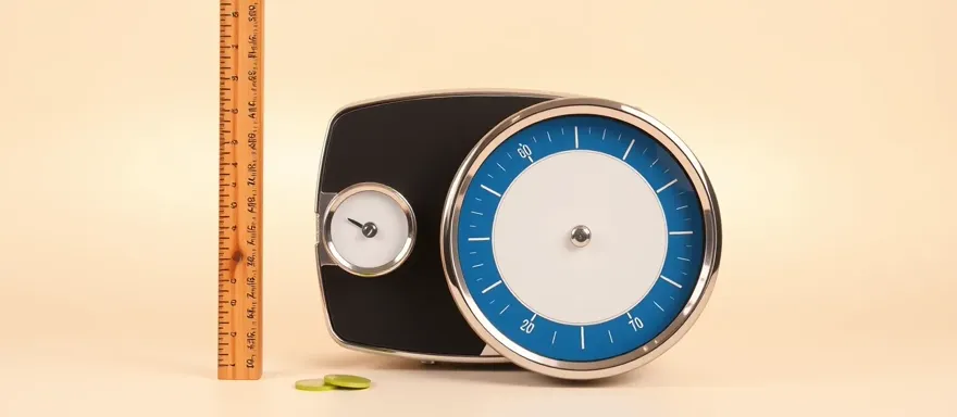 Wooden height ruler beside a weight scale with a large blank cobalt screening dial and small green tokens