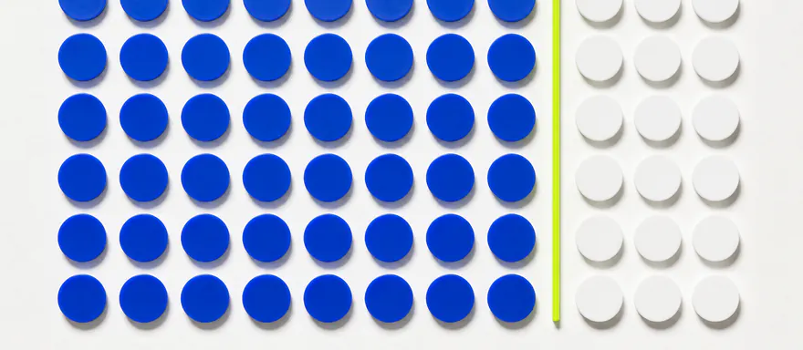 A precise grid of cobalt and white tokens showing a part-to-whole proportion