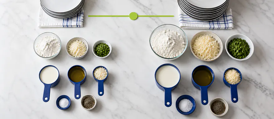 Original and target place settings with measuring cups and proportionally scaled ingredients