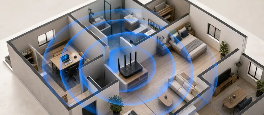 Miniature apartment with a central router and translucent signal rings passing through rooms